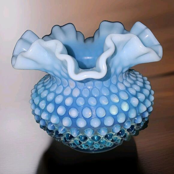 Fenton Blue Turquoise OpalescentHobnail Vase Ruffled Top 5